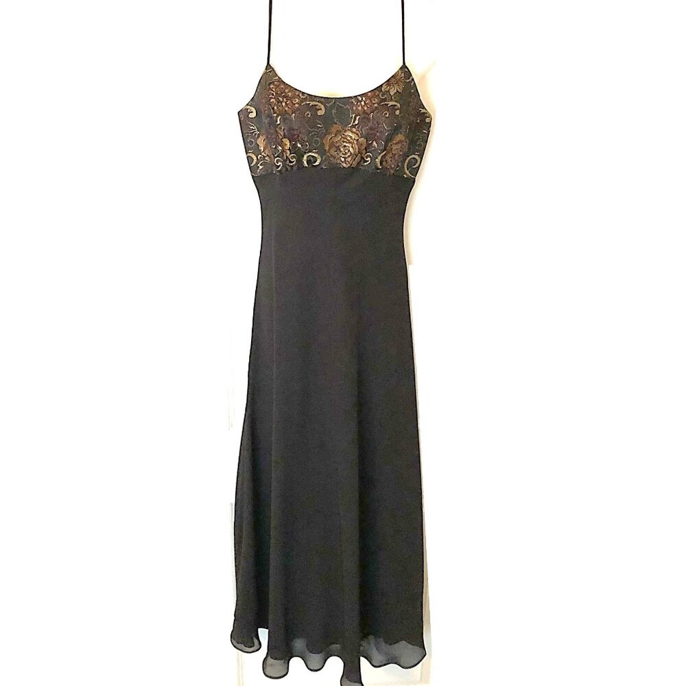 Hampton Nites Sleeveless Gown, Multicolor Bodice with Long Black Skirt, Size 6